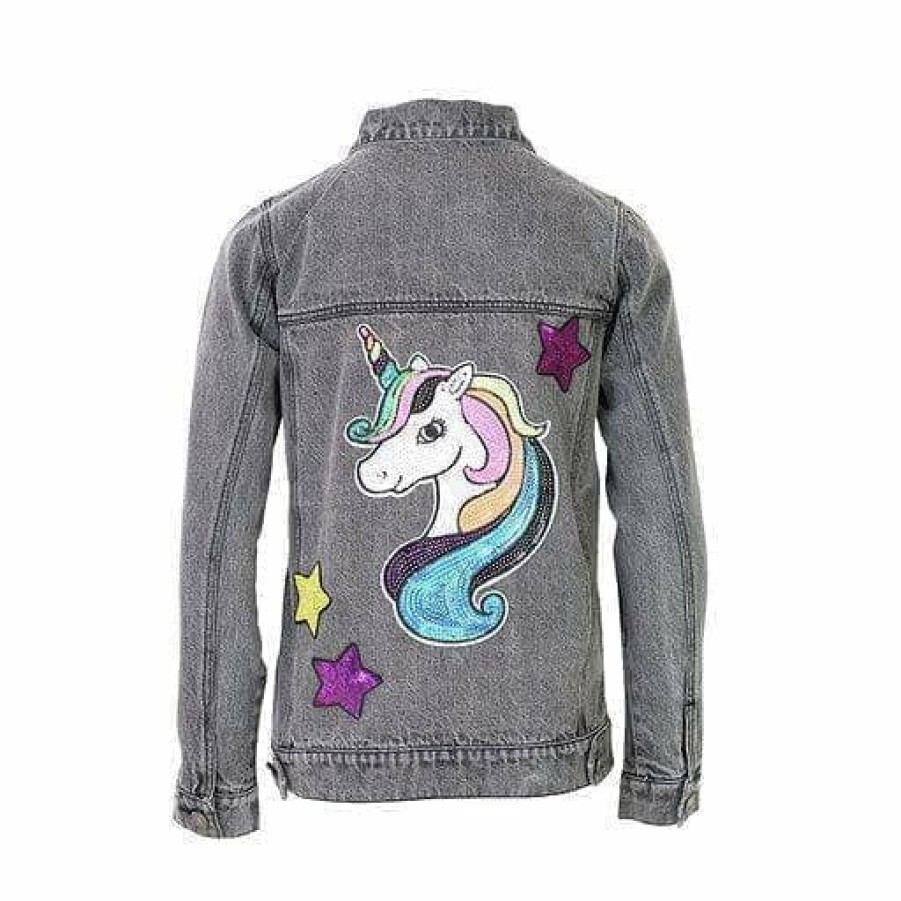 Girls * | Lola + The Boys Stone Wash Unicorn & Stars Denim Jacket Girls Grey Denim