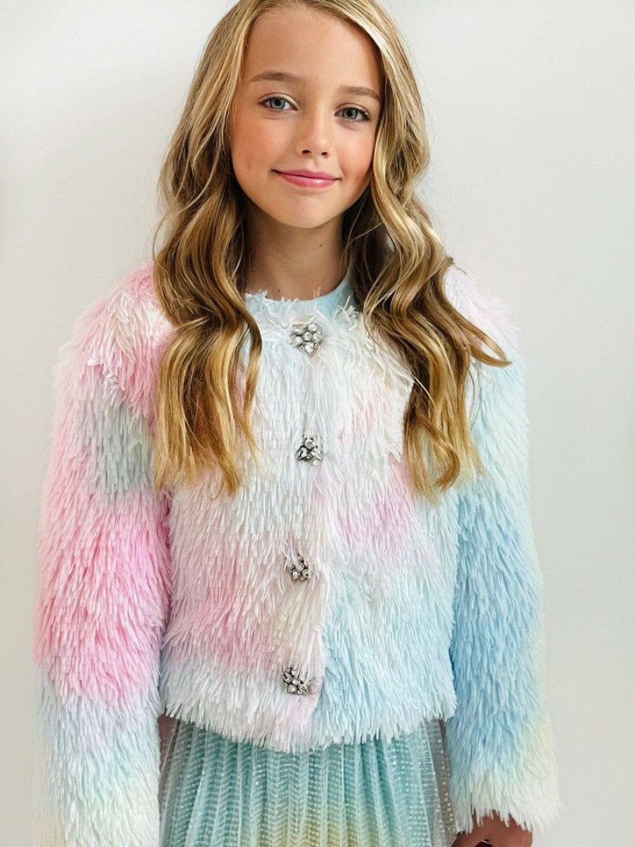 Girls * | Lola + The Boys Funfetti Rainbow Faux Fur Coat Girls