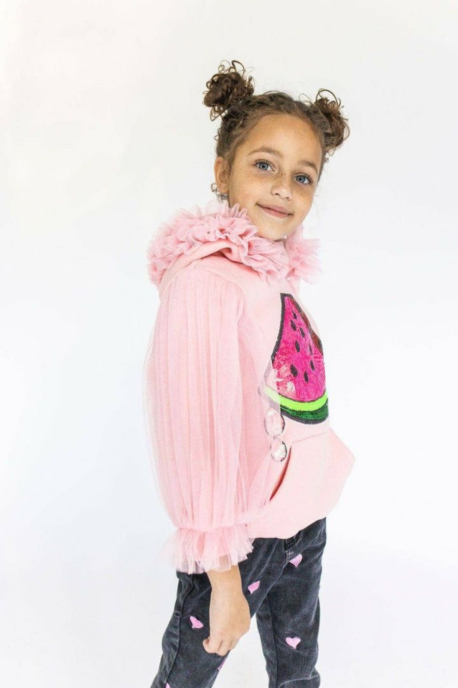 Girls * | Lola & The Boys Watermelon Tulle Sequin Hoodie New Arrivals