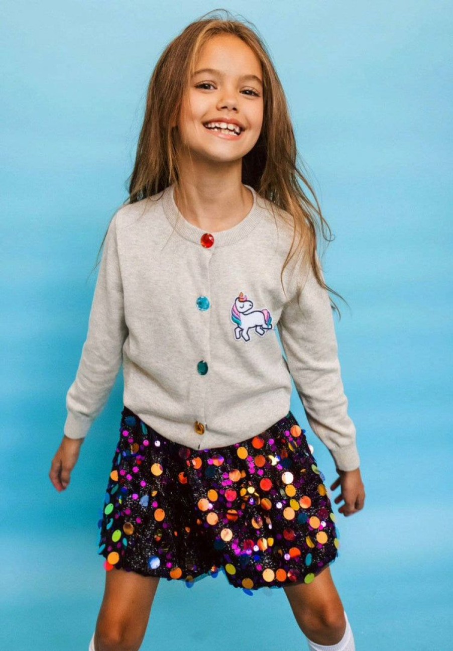 Girls * | Lola + The Boys Girls Grey Rainbow Gem Unicorn Cardigan