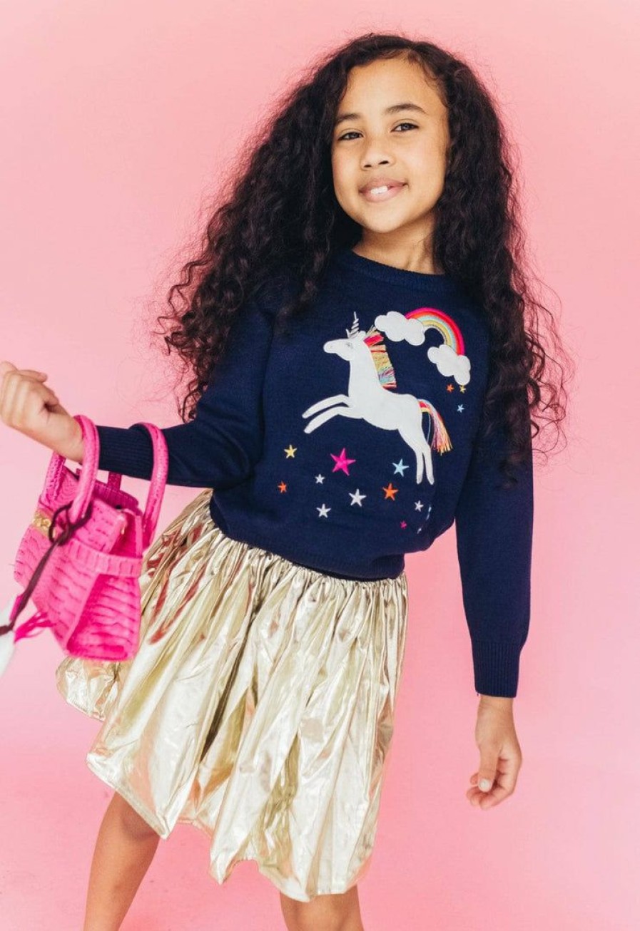 Girls * | Lola + The Boys Girls Navy Unicorn Rainbow Sweater