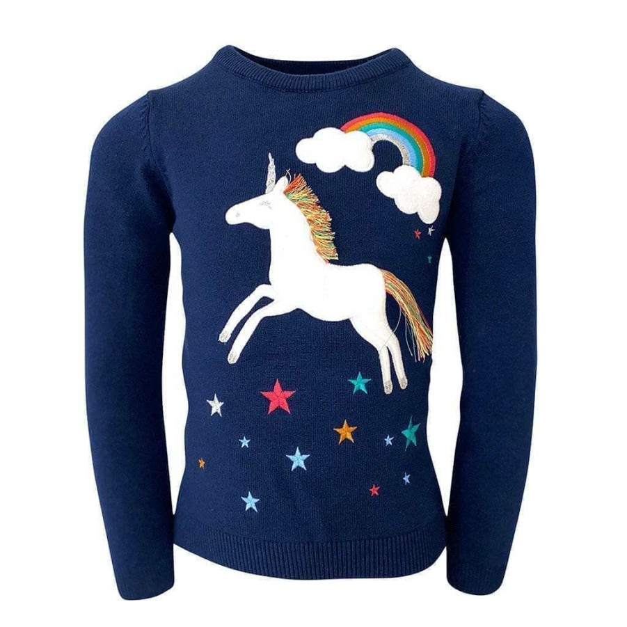 Girls * | Lola + The Boys Girls Navy Unicorn Rainbow Sweater