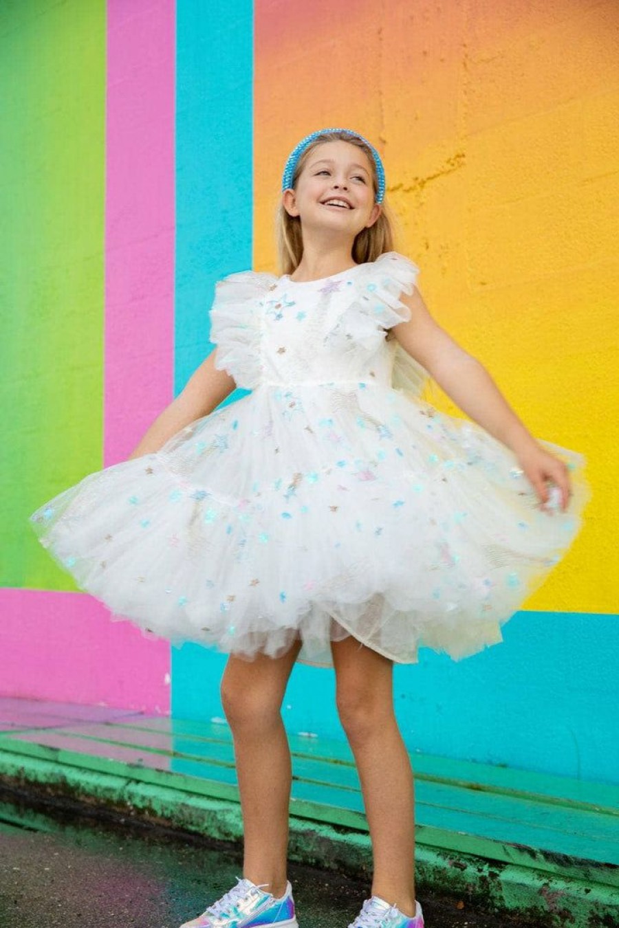 Girls * | Lola + The Boys Shooting Star Tulle Dress New Arrivals White