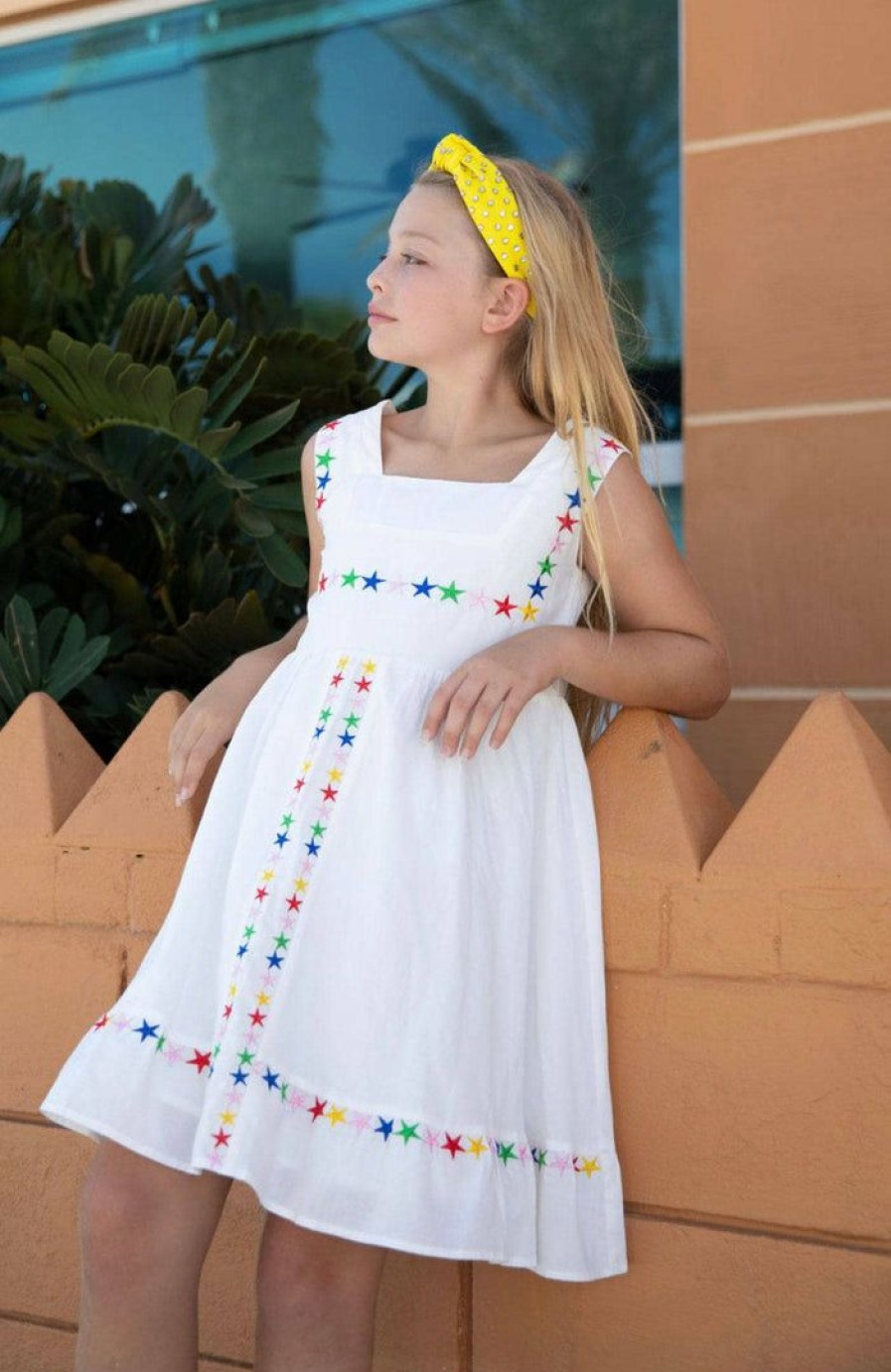 Girls * | Lola + The Boys Rainbow Stars Day Dress White