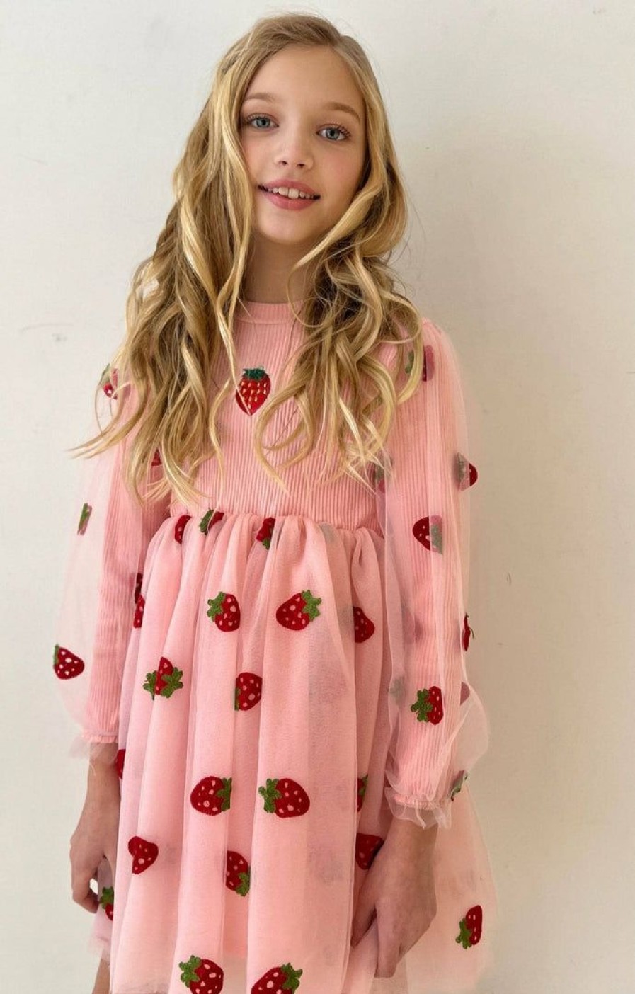 Girls * | Lola & The Boys Strawberry Sheer Sleeve Dress New Arrivals