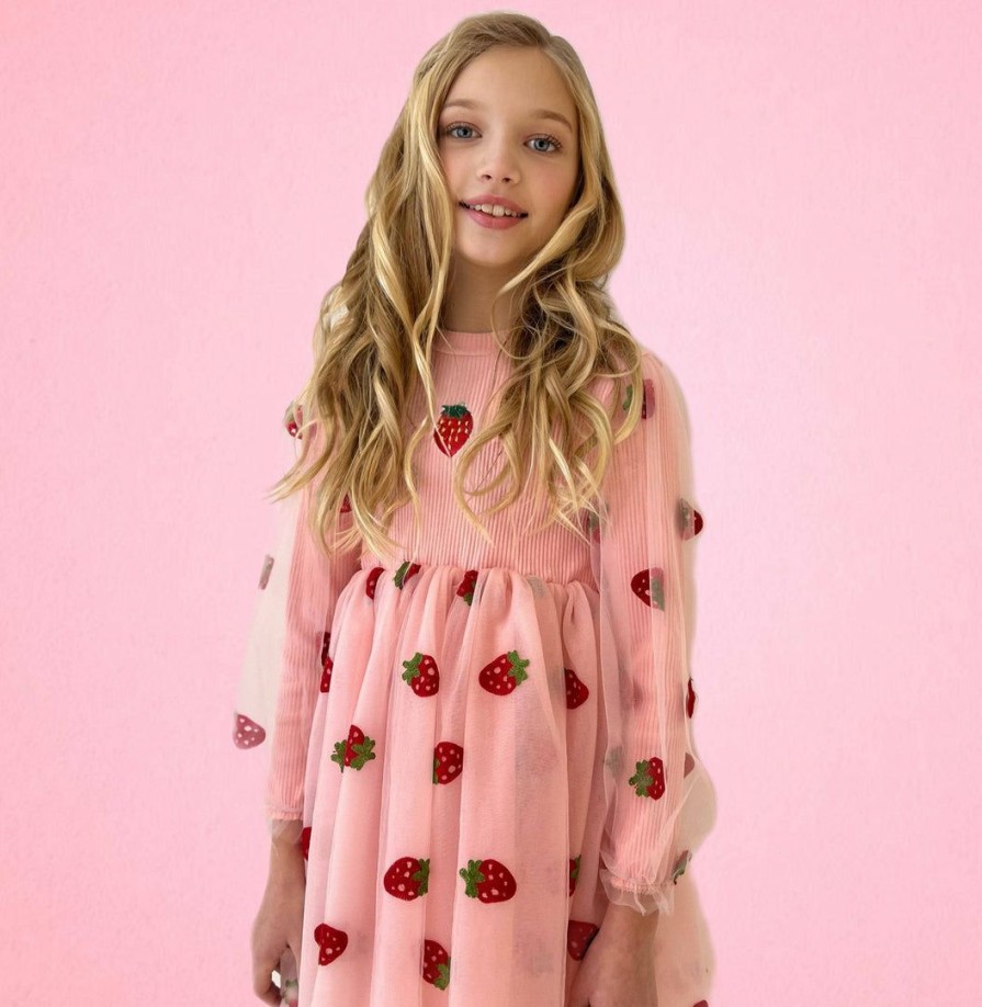 Girls * | Lola & The Boys Strawberry Sheer Sleeve Dress New Arrivals