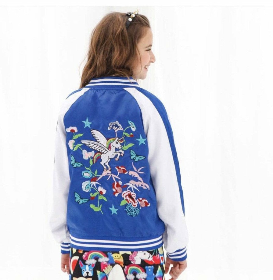 Girls * | Lola + The Boys Girls Unicorn Satin Bomber Blue