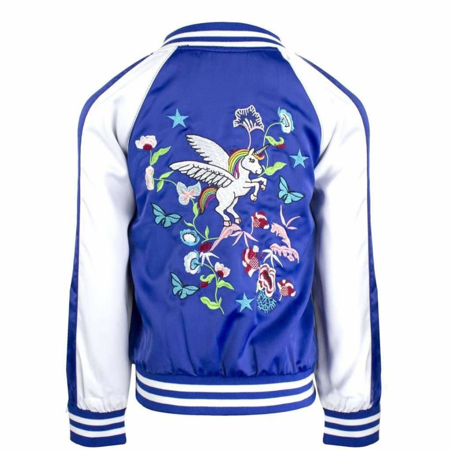 Girls * | Lola + The Boys Girls Unicorn Satin Bomber Blue