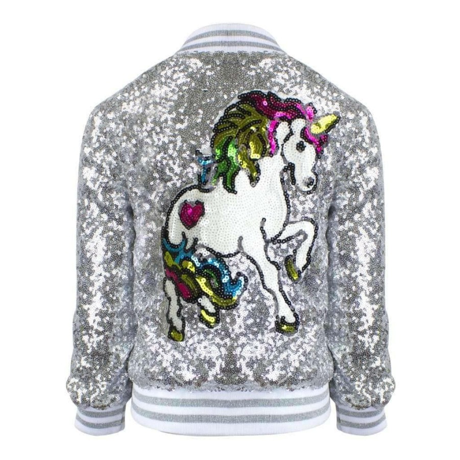 Girls * | Lola & The Boys Girls Unicorn Sequin Bomber Silver