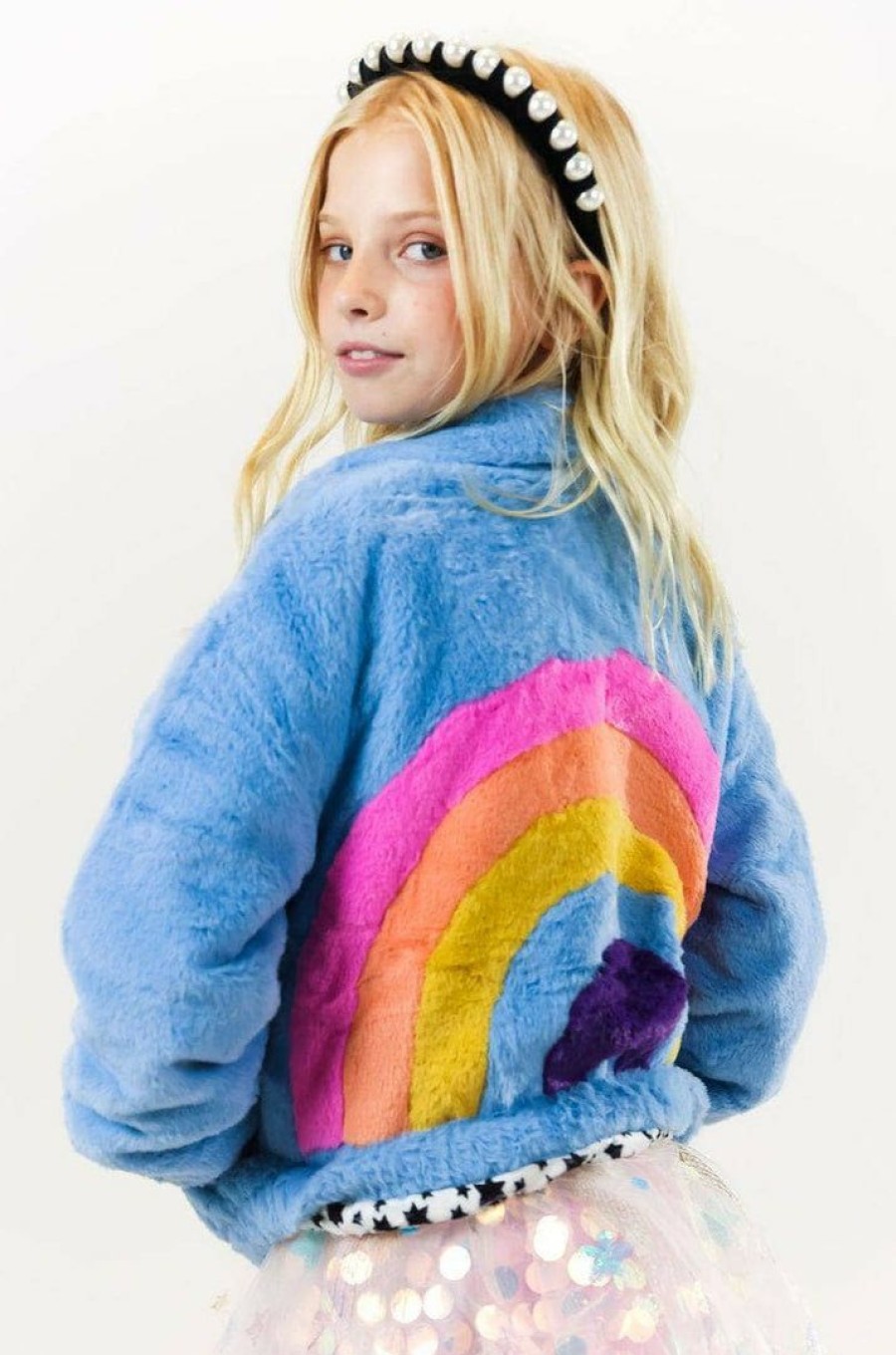 Girls * | Lola + The Boys Rainbow Faux Fur Coat Baby Blue New Arrivals