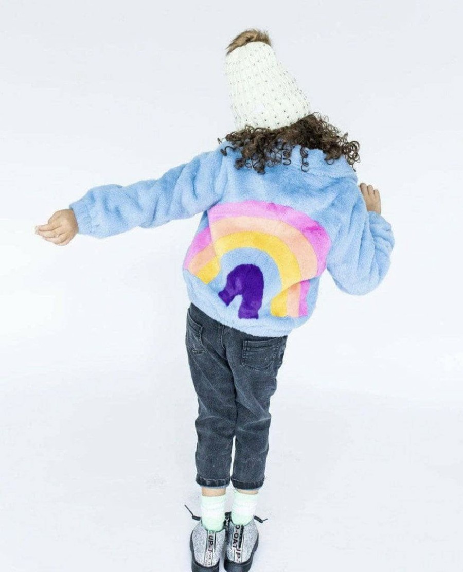 Girls * | Lola + The Boys Rainbow Faux Fur Coat Baby Blue New Arrivals